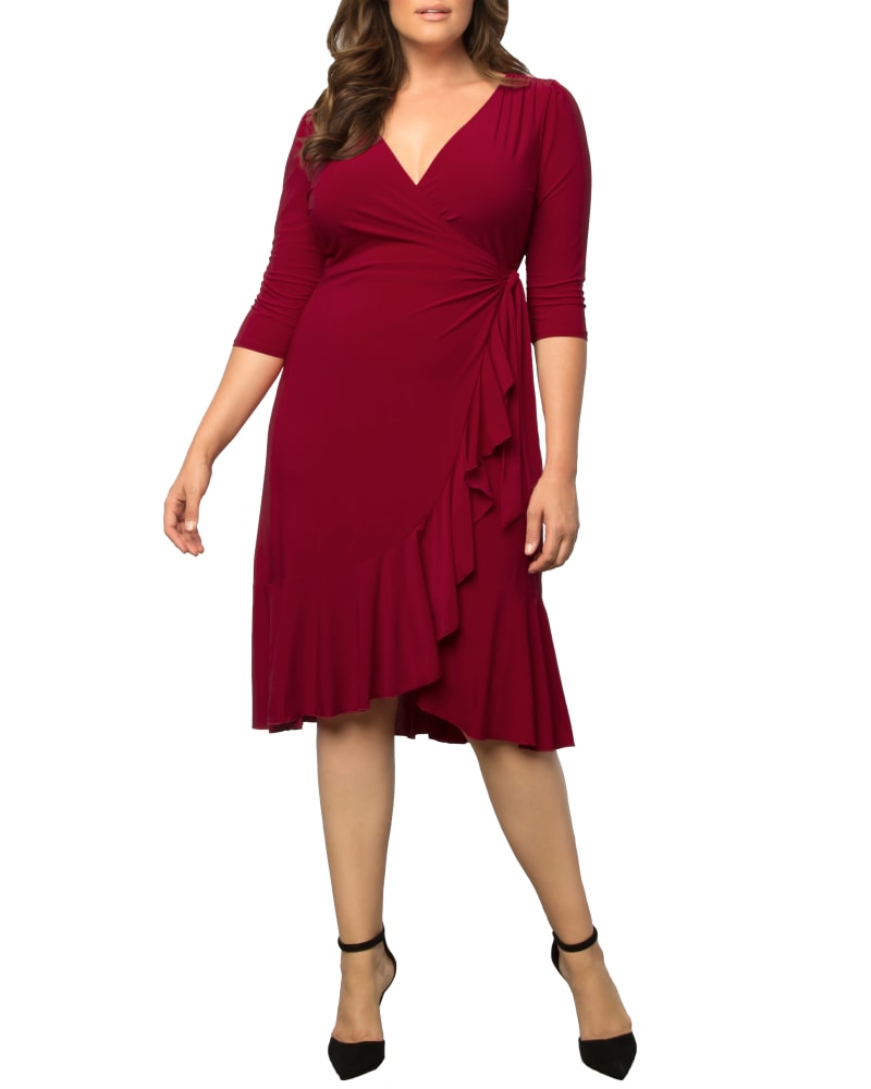 Front of a model wearing a size 5X Whimsy Ruffled Wrap Dress in BURGUNDY by Kiyonna. | dia_product_style_image_id:316317